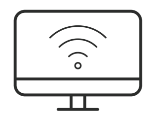 A simple black outline of a computer monitor displaying a Wi-Fi signal icon on its screen, symbolizing wireless internet connectivity.